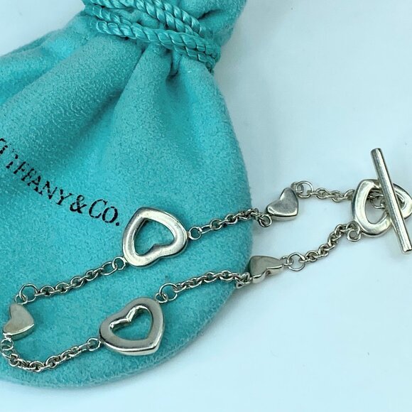Tiffany & Co. Sterling silver Heart Station Toggle Bracelet 7.0" 6.8g JR318